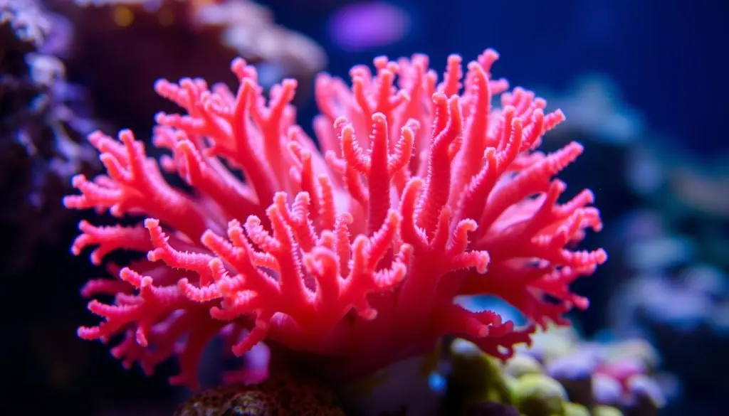 A close-up view of a thriving Furby coral, its intricate tentacles swaying gently in a dimly lit underwater environment. The coral's vibrant hues of pinks, oranges, and purples are accentuated by soft, natural lighting that casts a warm, inviting glow. The image is captured from a slightly low angle, allowing the viewer to appreciate the coral's mesmerizing texture and intricate structure. The background is blurred, but hints of a reef ecosystem can be seen, suggesting a healthy, balanced aquarium setting. The overall mood is one of tranquility and wonder, inviting the viewer to explore the captivating world of Furby coral. A close-up view of a thriving Furby coral, its intricate tentacles swaying gently in a dimly lit underwater environment. The coral's vibrant hues of pinks, oranges, and purples are accentuated by soft, natural lighting that casts a warm, inviting glow. The image is captured from a slightly low angle, allowing the viewer to appreciate the coral's mesmerizing texture and intricate structure. The background is blurred, but hints of a reef ecosystem can be seen, suggesting a healthy, balanced aquarium setting. The overall mood is one of tranquility and wonder, inviting the viewer to explore the captivating world of Furby coral.