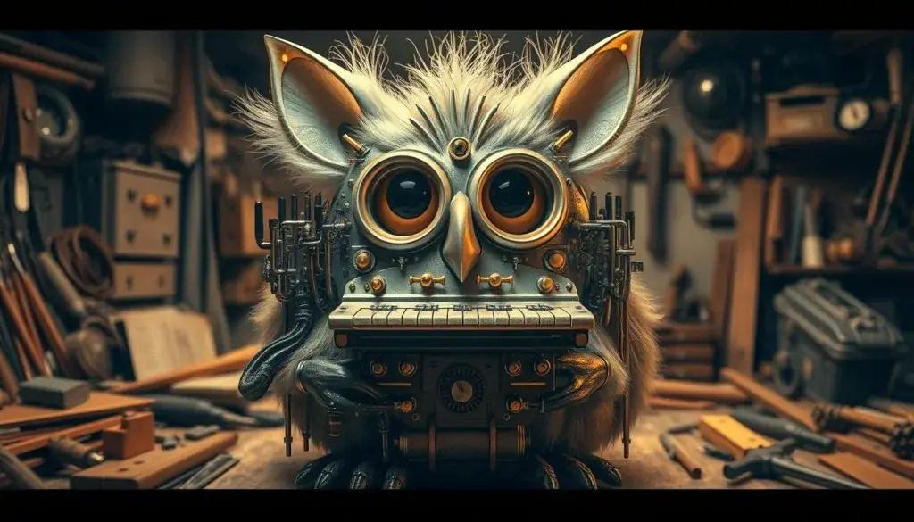 An intricate and whimsical furby-shaped organ, its metallic body gleaming under the warm, soft lighting. The bizarre instrument features a complex network of pipes, valves, and reeds, creating a harmonious yet otherworldly melody. The background is a muted, sepia-toned workshop, filled with scattered tools and mechanical parts, hinting at the craftsmanship behind this peculiar creation. The overall composition evokes a sense of wonder and curiosity, inviting the viewer to explore the inner workings of this unique, one-of-a-kind "furby organ".