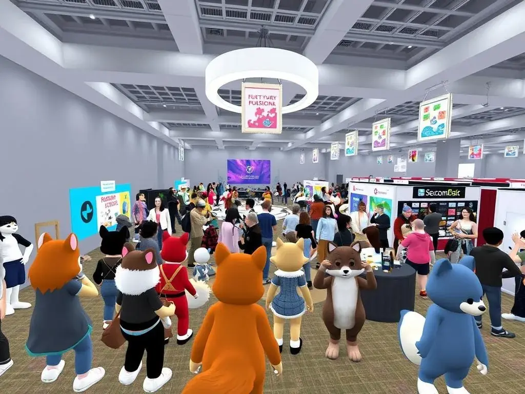 A virtual furry gathering showing digital avatars interacting in an online space A virtual furry gathering showing digital avatars interacting in an online space