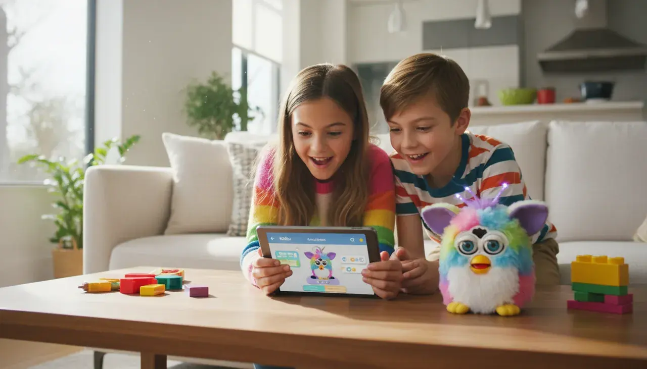 children using furby connect app on tablet with furby toy