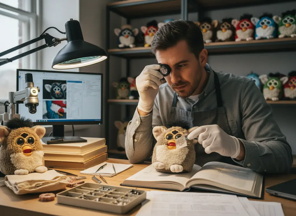 Expert authenticating rare Furby with magnification equipment
