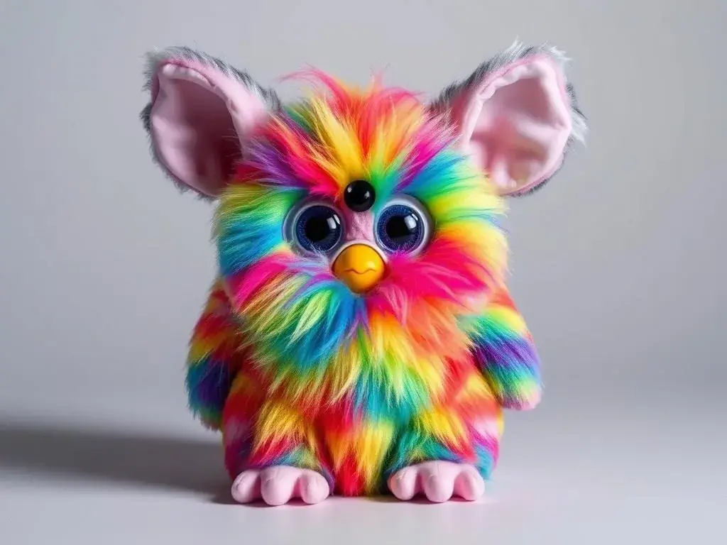 The extremely rare Rainbow Furby with its distinctive multicolored design The extremely rare Rainbow Furby with its distinctive multicolored design