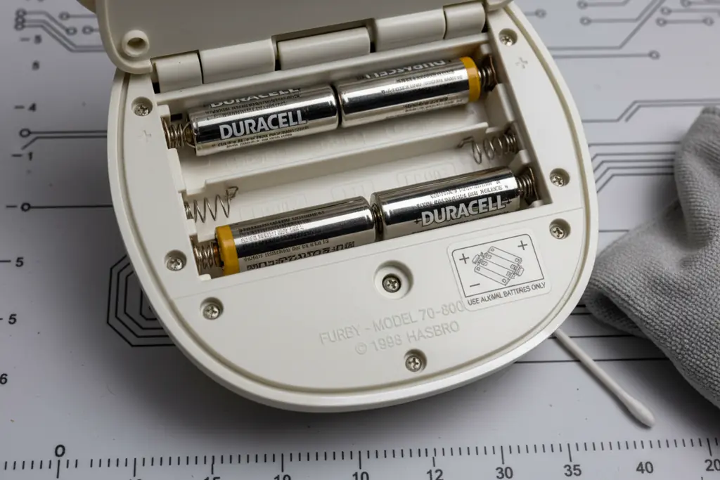 Millennium Furby battery compartment maintenance—remove batteries for storage