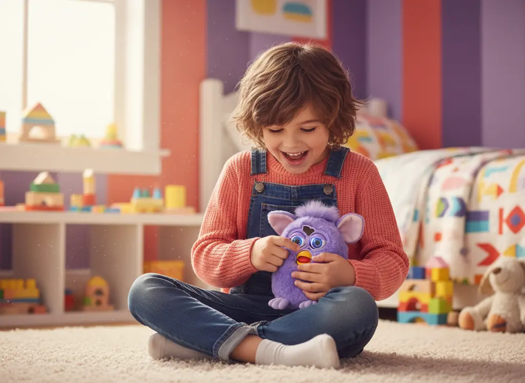 Happy child playing with a purple Furby toy showing interactive engagement and joyful expression