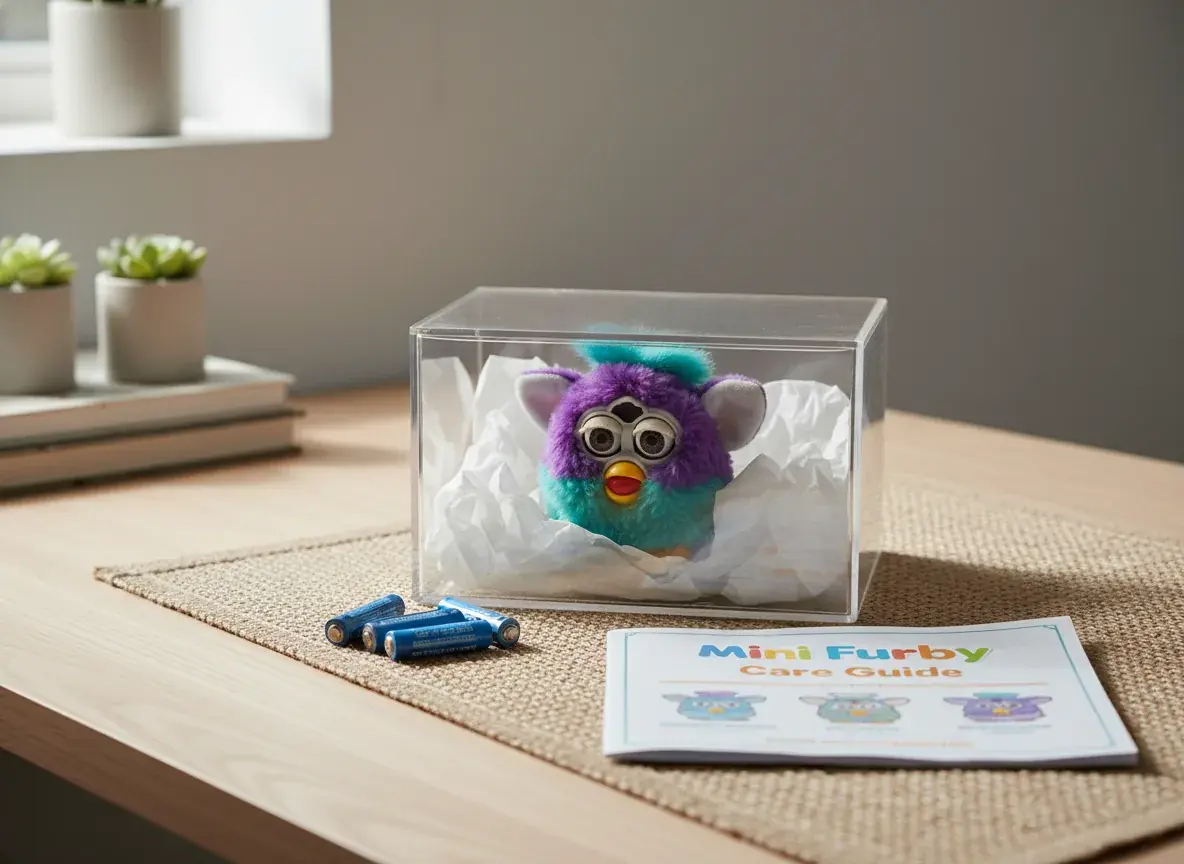 Mini Furby properly stored in protective case with care items