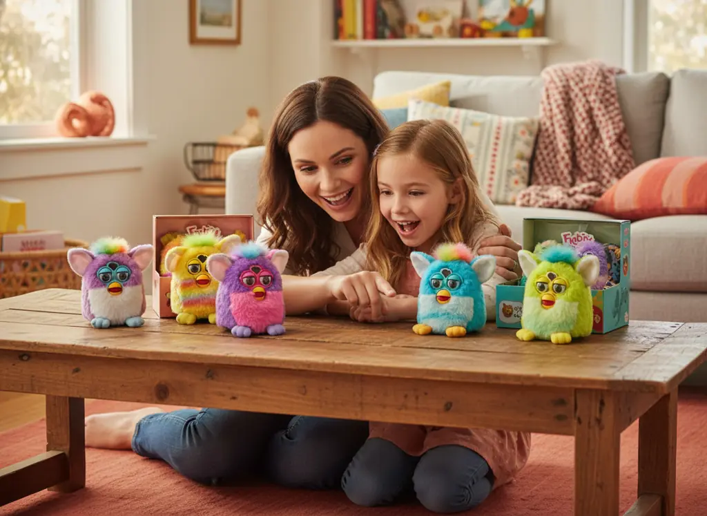 Parent and child selecting Furby toys together in a joyful shopping moment