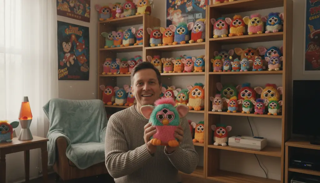 joyful Furby collector displaying cherished vintage collection