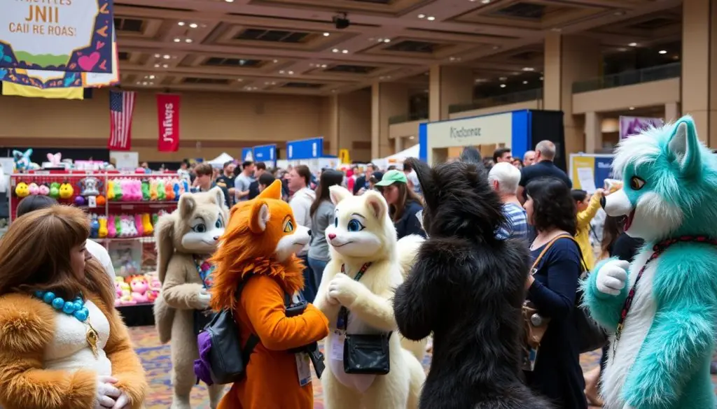 A bustling, vibrant furry convention scene. In the foreground, a group of costumed furry characters engaging in lively interactions, their expressive body language and detailed costumes capturing the spirit of the fandom. In the middle ground, a colorful vendor area filled with plushies, accessories, and other merchandise, all reflecting the diverse interests of the community. The background showcases a grand convention center with high ceilings, warm lighting, and a sense of excitement in the air. The overall atmosphere is one of inclusive celebration, creativity, and a shared passion for the furry lifestyle.