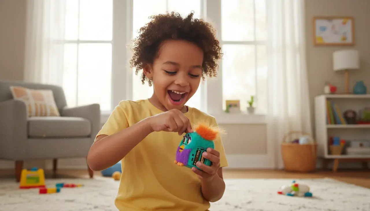Happy child reactivating Mini Furby with fresh batteries