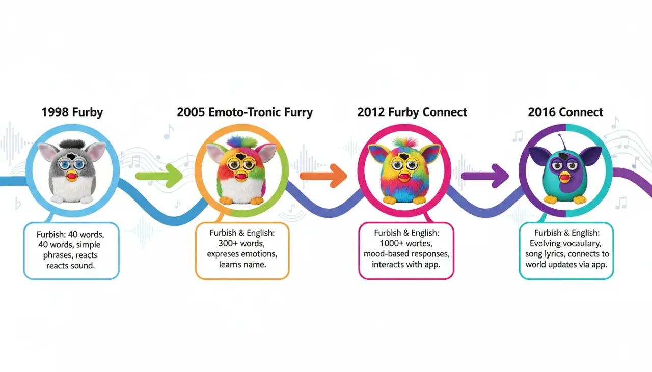 Timeline showing Furby language evolution from 1998 to present