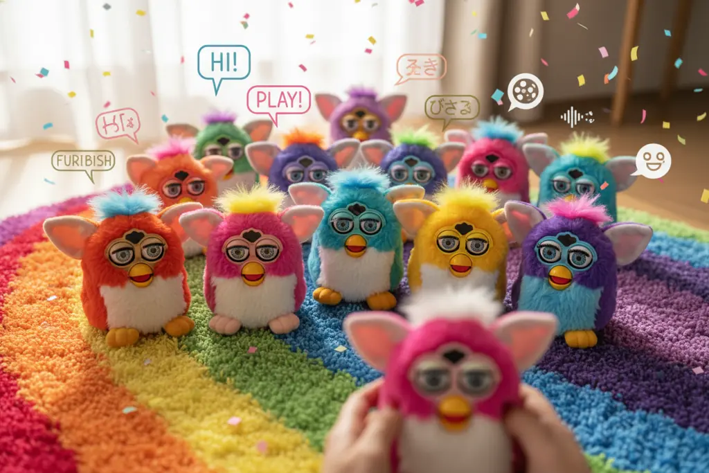 Collection of Furby companions showing language diversity