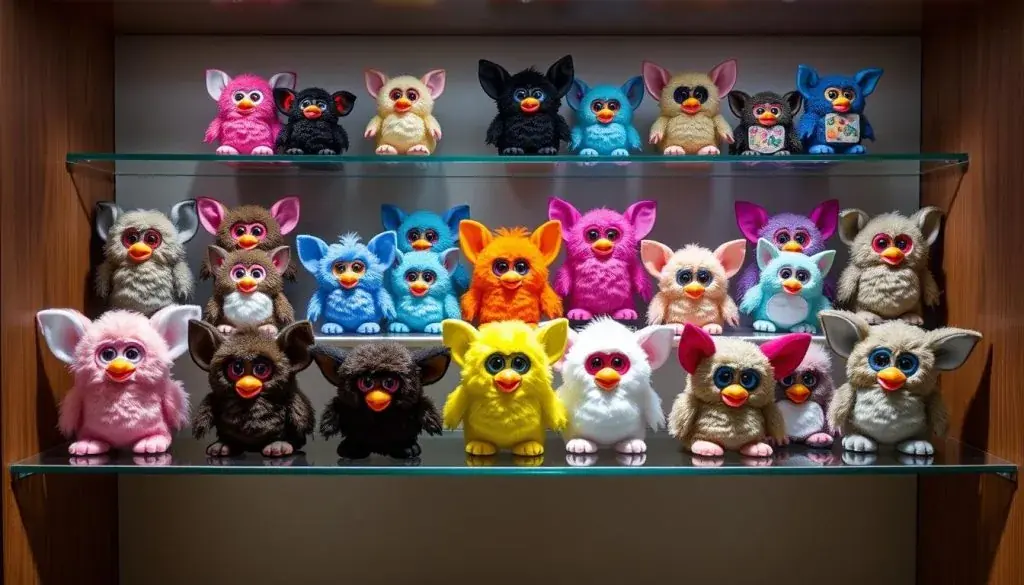 A collection of Shelby Furby toys displayed alongside original Furby models showing the evolution of interactive toys