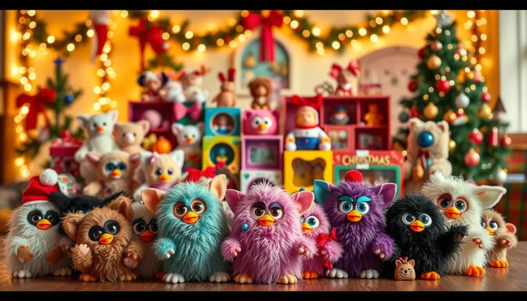 A festive tableau of holiday-themed collectible toys set against a warm, cozy backdrop. In the foreground, a cluster of nostalgic Furby creatures in various poses and colors, their fur-covered bodies and large eyes exuding a charming, whimsical presence. In the middle ground, an assortment of other classic toys from the 90s and early 2000s, such as Beanie Babies, Tamagotchis, and Polly Pocket sets, arranged in a playful, curated display. The background features a softly lit, bokeh-enhanced environment, with twinkling fairy lights, garlands, and a hint of a decorated Christmas tree, creating a cozy, intimate atmosphere evocative of cherished childhood memories. A festive tableau of holiday-themed collectible toys set against a warm, cozy backdrop. In the foreground, a cluster of nostalgic Furby creatures in various poses and colors, their fur-covered bodies and large eyes exuding a charming, whimsical presence. In the middle ground, an assortment of other classic toys from the 90s and early 2000s, such as Beanie Babies, Tamagotchis, and Polly Pocket sets, arranged in a playful, curated display. The background features a softly lit, bokeh-enhanced environment, with twinkling fairy lights, garlands, and a hint of a decorated Christmas tree, creating a cozy, intimate atmosphere evocative of cherished childhood memories.
