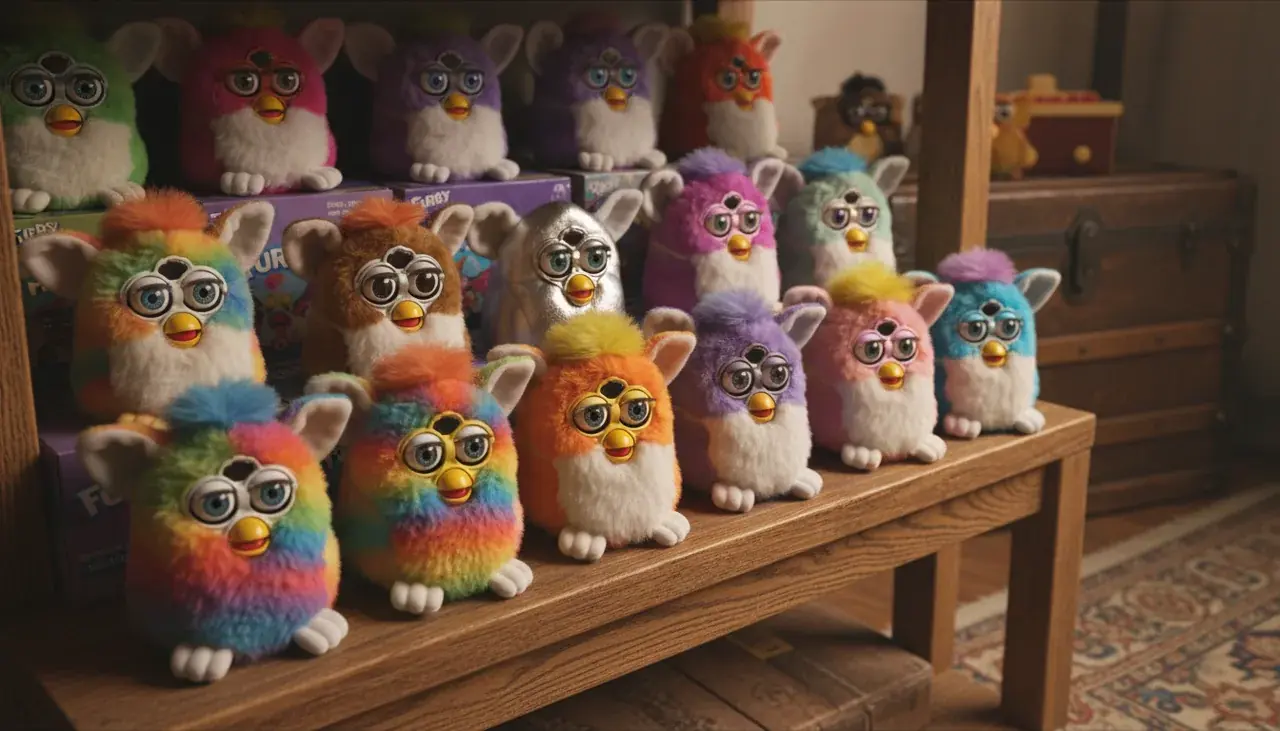 Collection of vintage Furbys from different generations displayed showing how much are Furbys worth