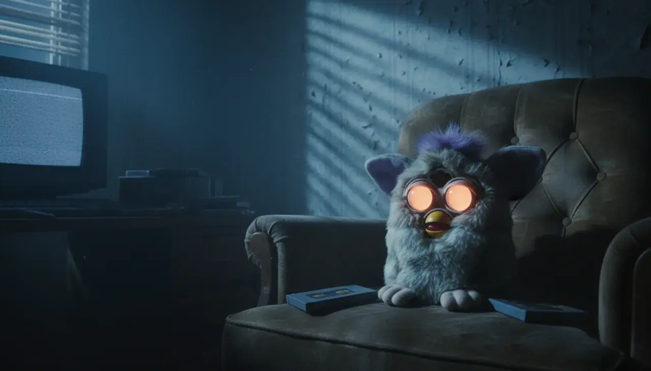 why were furbies so creepy vintage Furby toy with glowing eyes in dark room