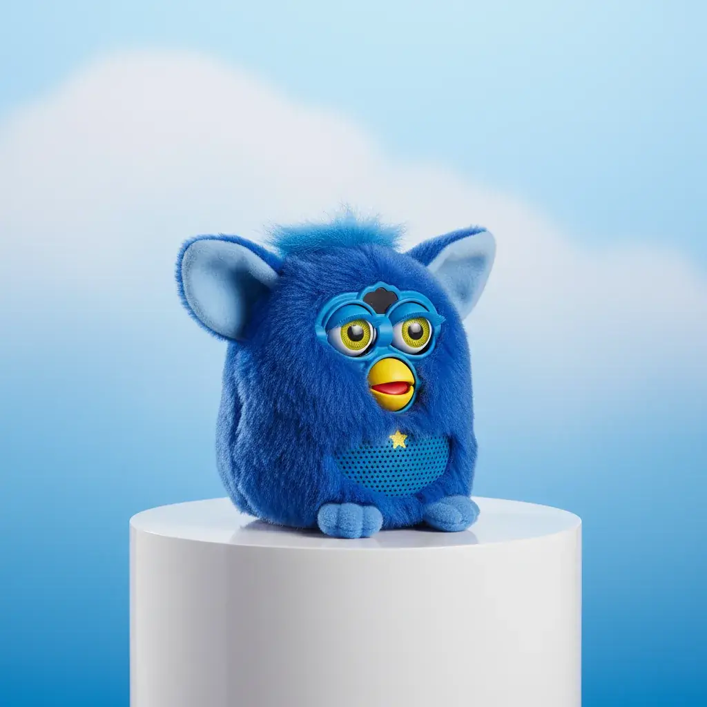 Blue Furby Furblet Dah-Tee mini toy in collectible display