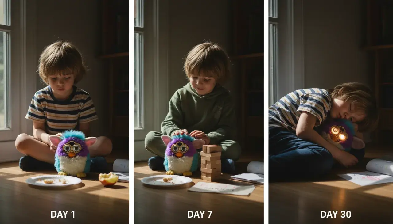 Child waiting patiently for Furby language progression
