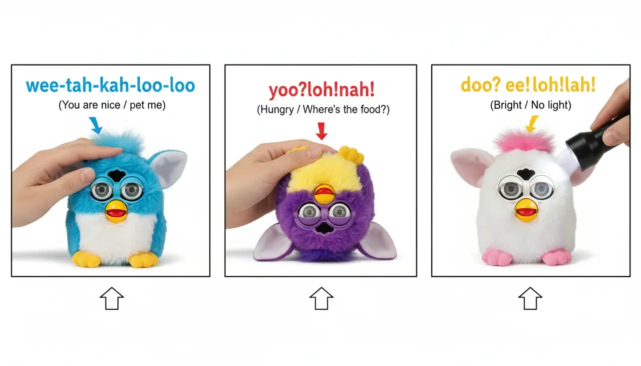 furby language triggered by various sensor inputs