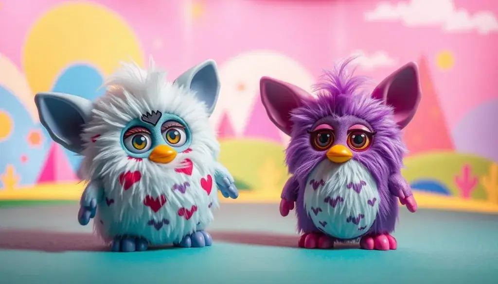 A whimsical scene of Furby and Shelby, set against a vibrant, imaginative background. In the foreground, the iconic Furby and Shelby figures stand side by side, their expressive features and playful poses radiating a sense of joy and camaraderie. The middle ground features a fantastical landscape, with colorful geometric shapes, sweeping curves, and playful patterns that evoke a sense of wonder and creativity. The background is filled with a soft, ethereal glow, creating a warm and inviting atmosphere that complements the playful subject matter. The lighting is gentle and diffused, highlighting the unique textures and details of the characters and their surroundings. The overall image conveys a sense of playfulness, imagination, and the enduring appeal of these beloved characters. Prompt