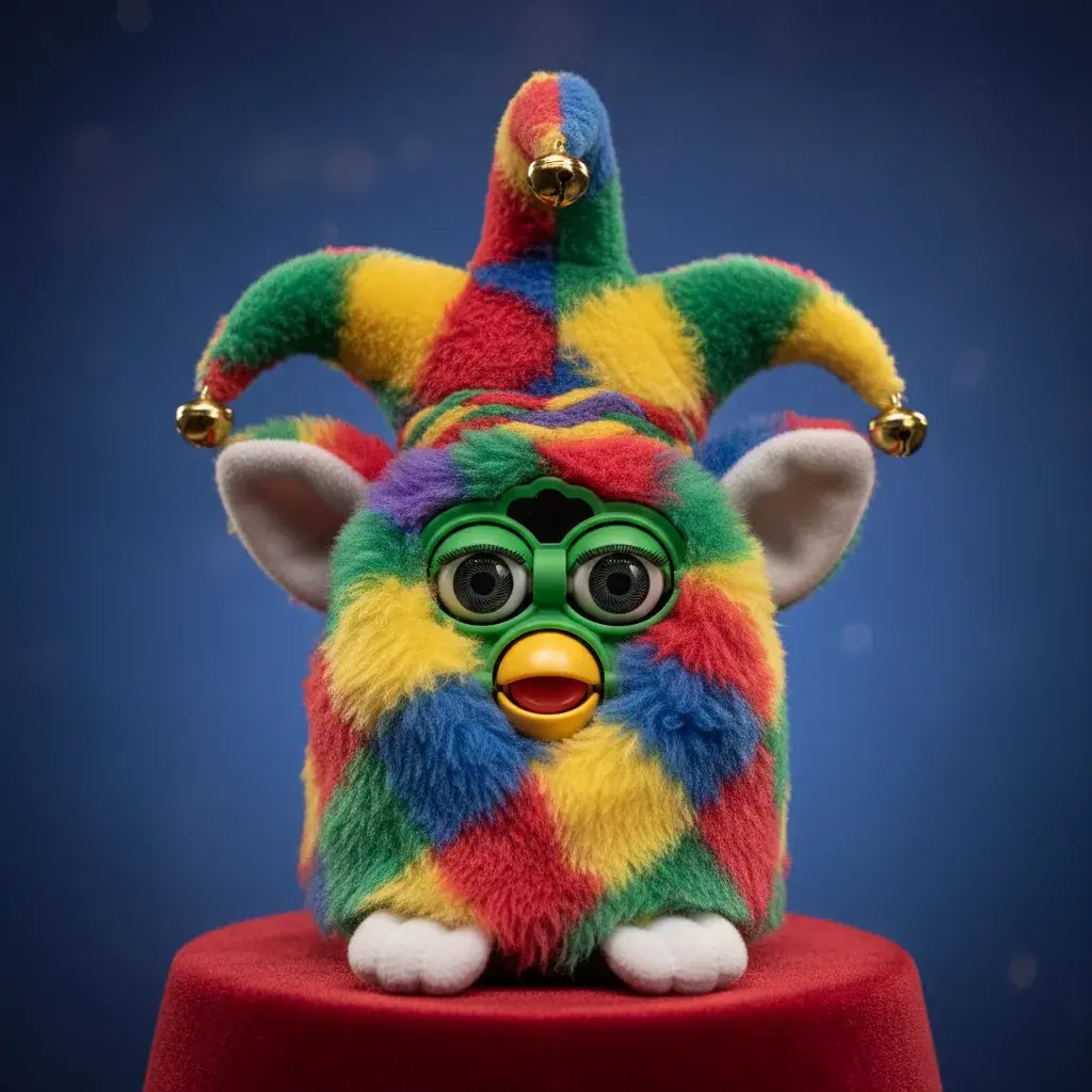 Jester Furby with original jester hat accessory on display
