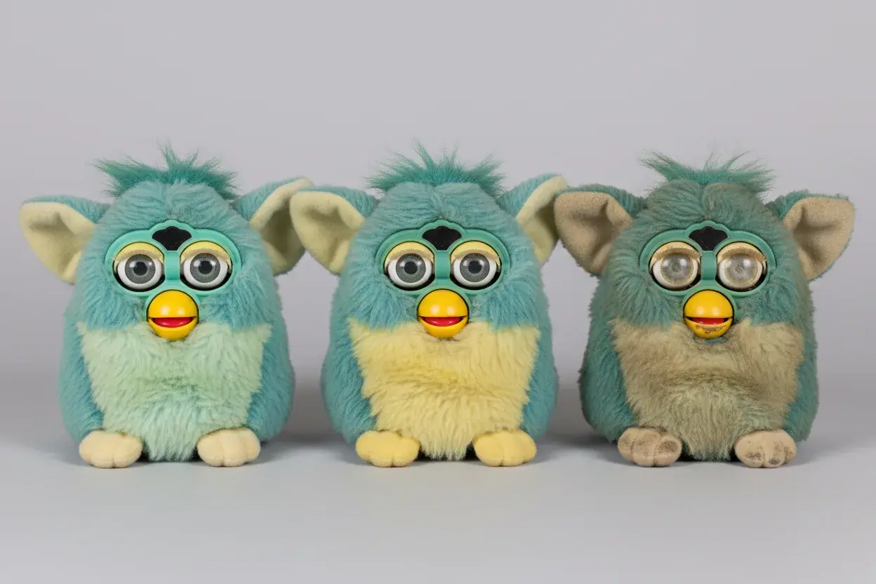 Furby condition comparison showing factors affecting collectible value assessment