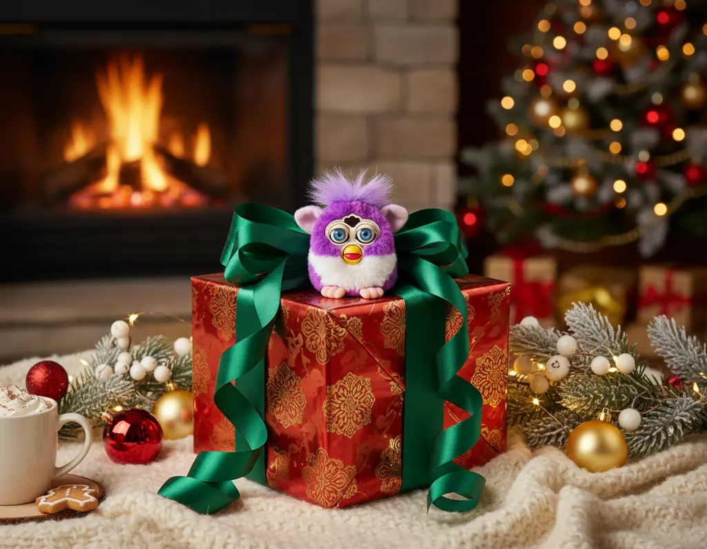 Furby toy wrapped as Christmas present with festive decorations