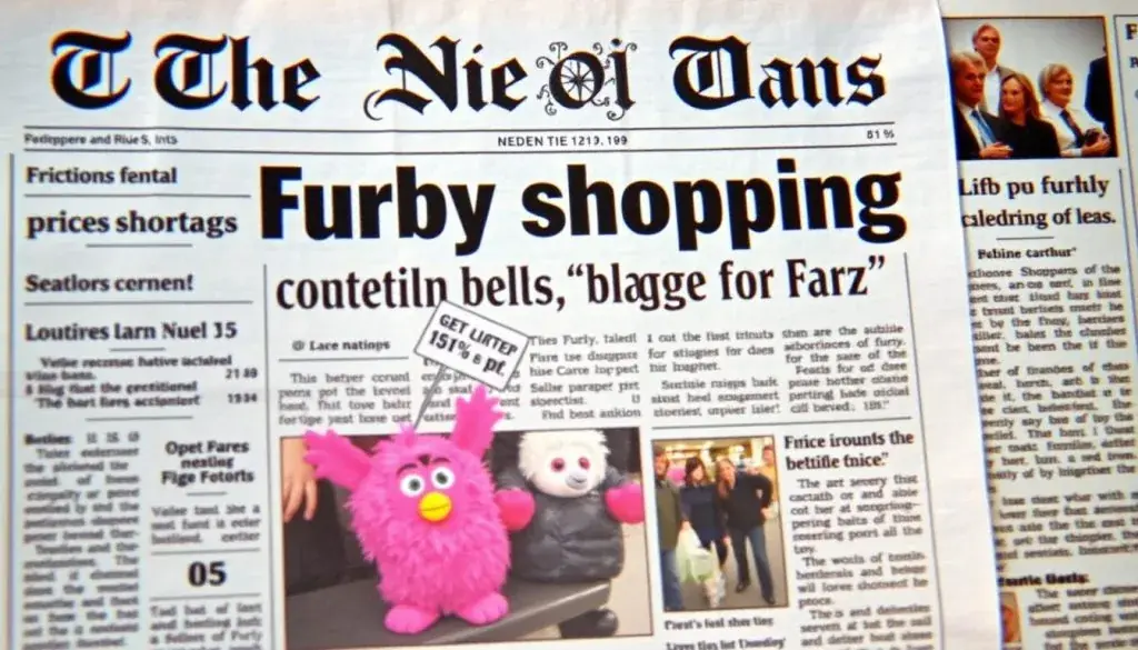 Newspaper headline about Furby price gouging during 1998 holiday season