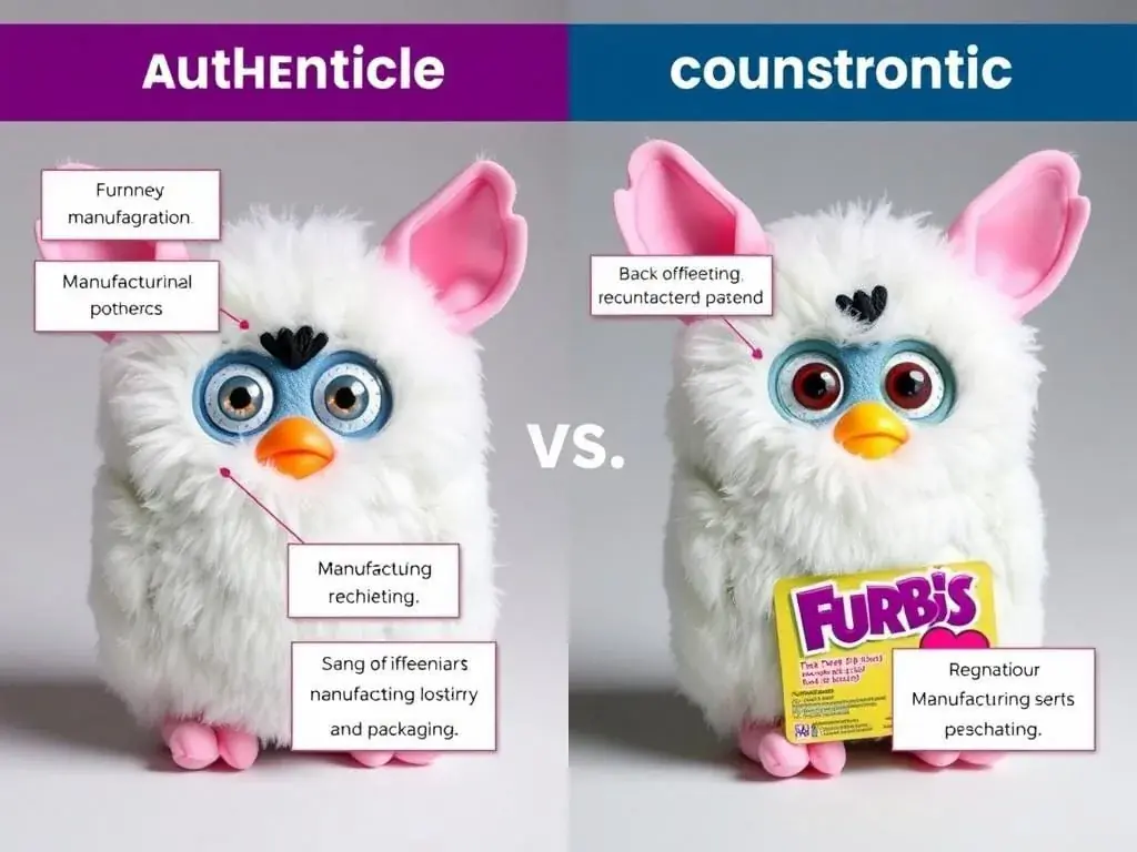 Comparison between authentic and counterfeit Furbies with identification tips for furby price guide users Comparison between authentic and counterfeit Furbies with identification tips for furby price guide users
