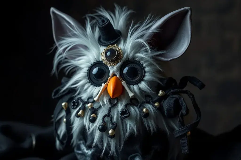 An artistic modification of a Furby with gothic or horror-themed elements, embracing the furby creepy aesthetic
