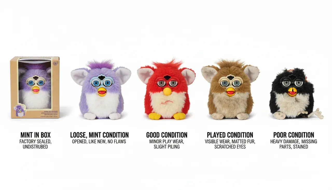 Chart showing different condition grades of 1998 Furbys from mint to poor