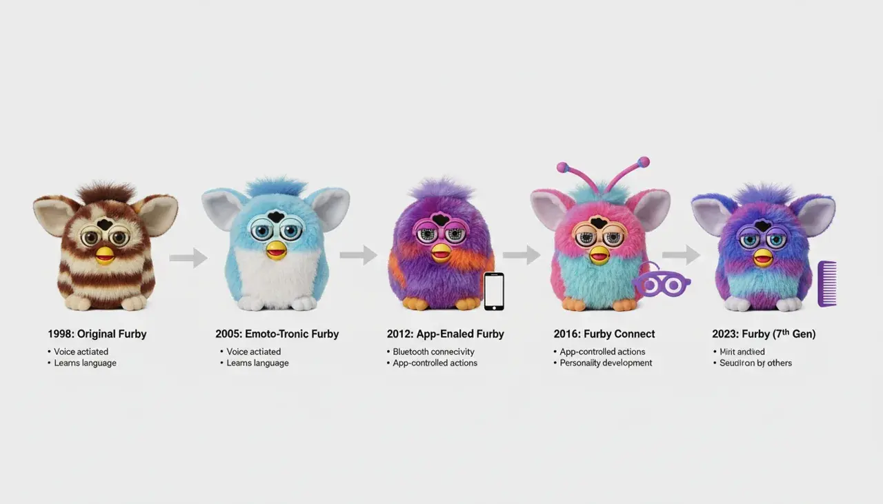Timeline display showing evolution of Furby generations from 1998 to present