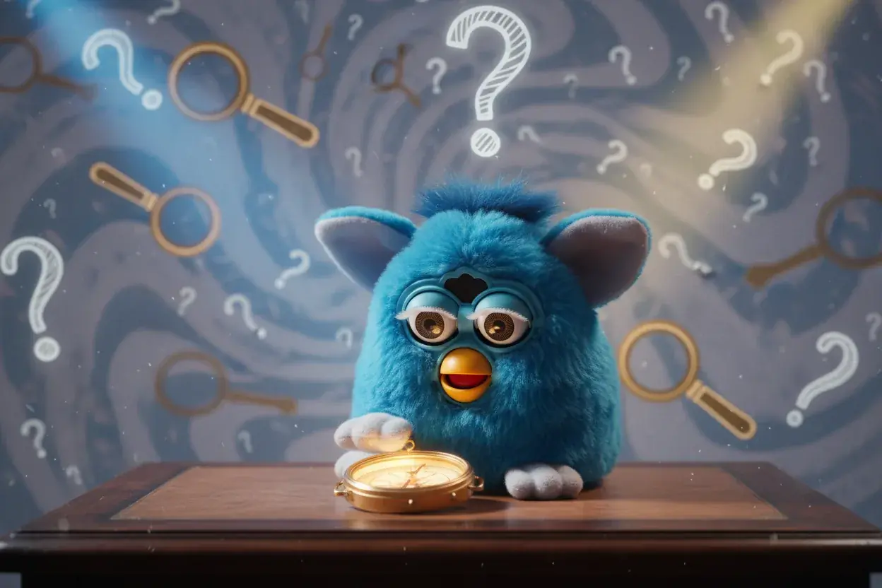 curious blue furby with inquisitive expression
