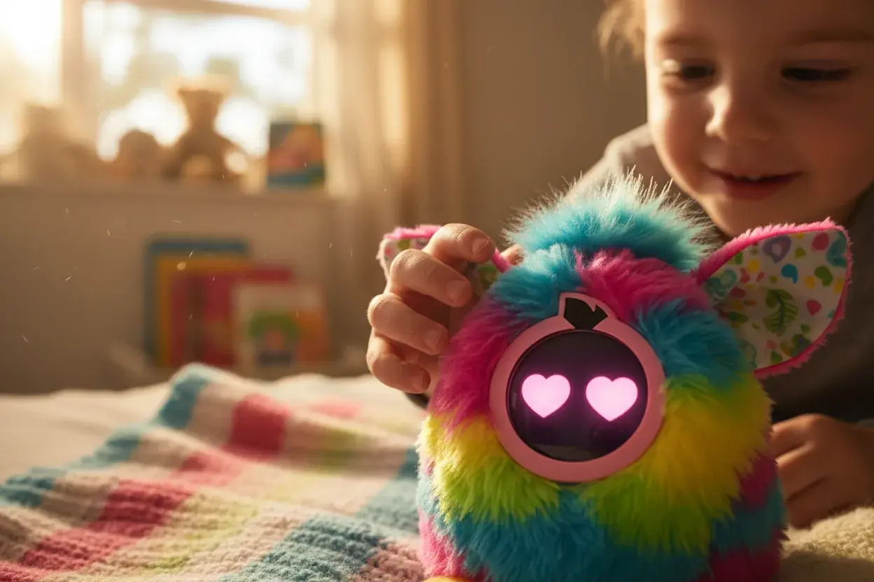 child touching Furby's head sensor triggering happy response