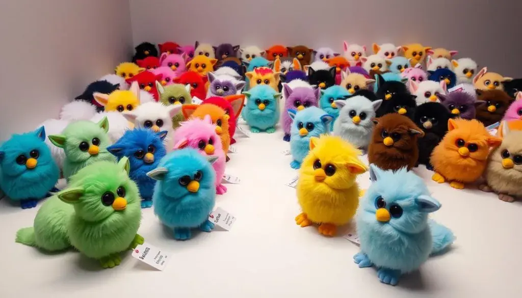 Collection of different original Furby colors and models with value indicators Collection of different original Furby colors and models with value indicators