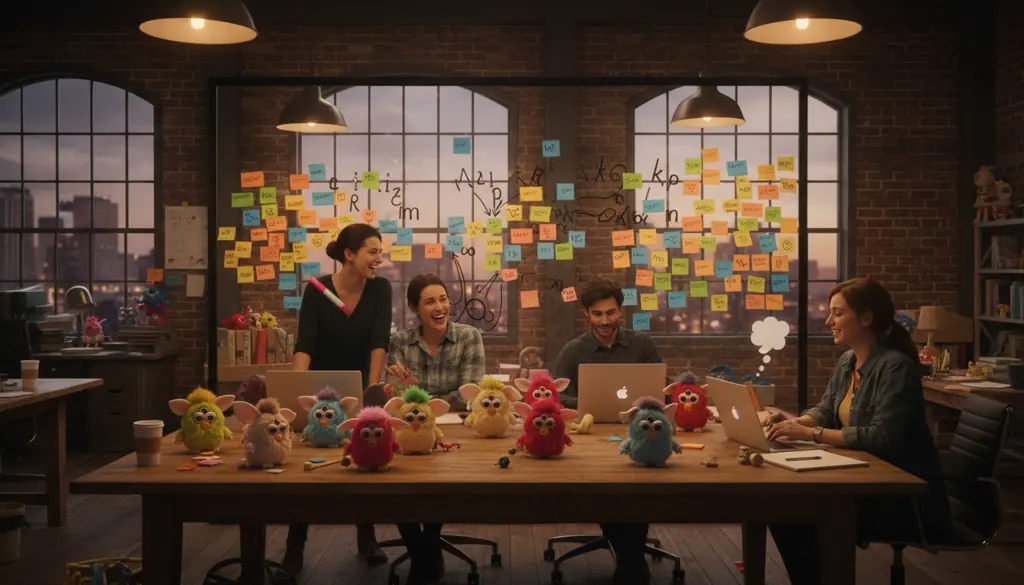 furby language development process showing designers creating furbish words