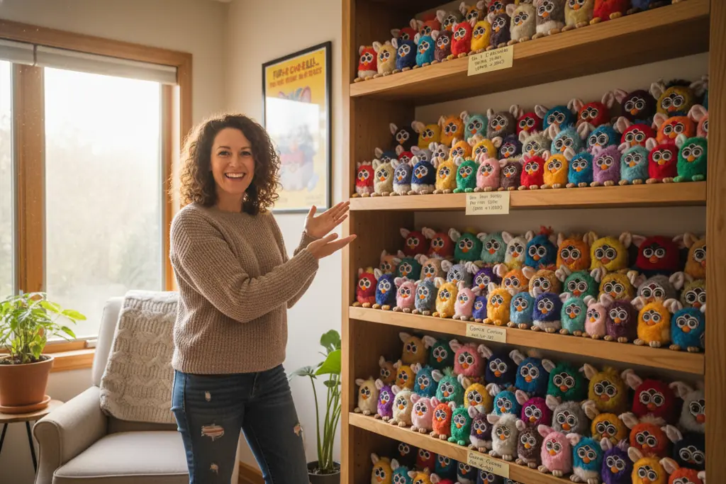 Happy collector with curated Furby collection showing collecting joy