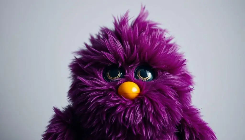 A highly detailed, hyper-realistic close-up photograph of a rare and elusive Furby2012 model in a deep, rich shade of purple. The plush toy is presented against a plain, softly-lit background that allows its unique coloration to take center stage. The lighting is subtle and natural, accentuating the fine, velvety texture of the Furby's fur and the subtle sheen of its plastic features. Every minute detail is captured with exceptional clarity, from the intricate patterns of its eyes to the precise contours of its rounded body. The overall effect is one of reverence and exclusivity, befitting the rare and coveted nature of this particular Furby variant.