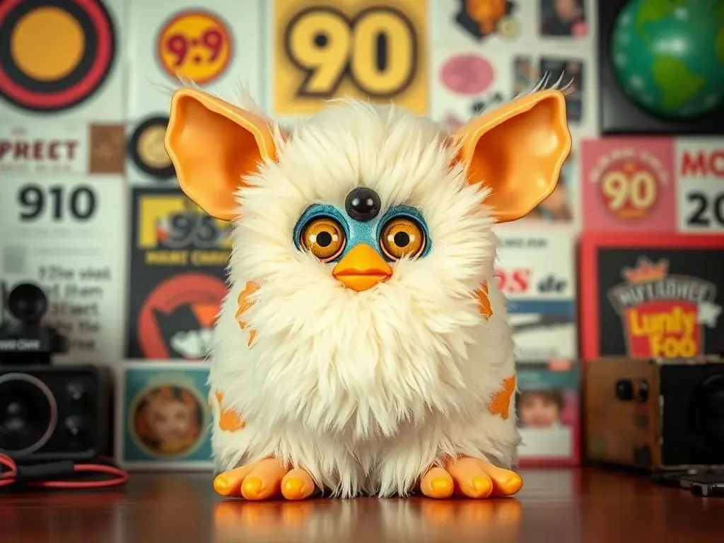 Original Furby 1998 in pristine condition against nostalgic 90s background