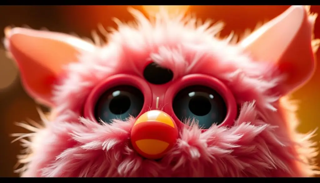 A close-up, detailed view of the unique features of an Emoto-Tronic Furby. Prominently displayed in the foreground are the Furby's expressive, oversized eyes with dynamic, shifting pupils that react to its surroundings. The middle ground showcases the Furby's articulated, animatronic ears that twitch and move in response to sounds and interactions. In the background, the Furby's fuzzy, textured fur coat shimmers under warm, diffused lighting, highlighting the creature's endearing, lifelike qualities. The overall scene conveys a sense of whimsical enchantment and technological marvel, capturing the Furby Emoto Tronic's captivating blend of nostalgia and innovative design.