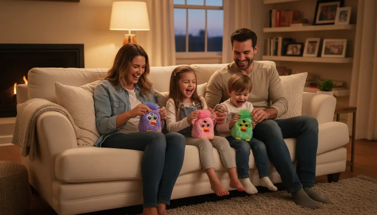 Happy family enjoying quality time playing with Furby together