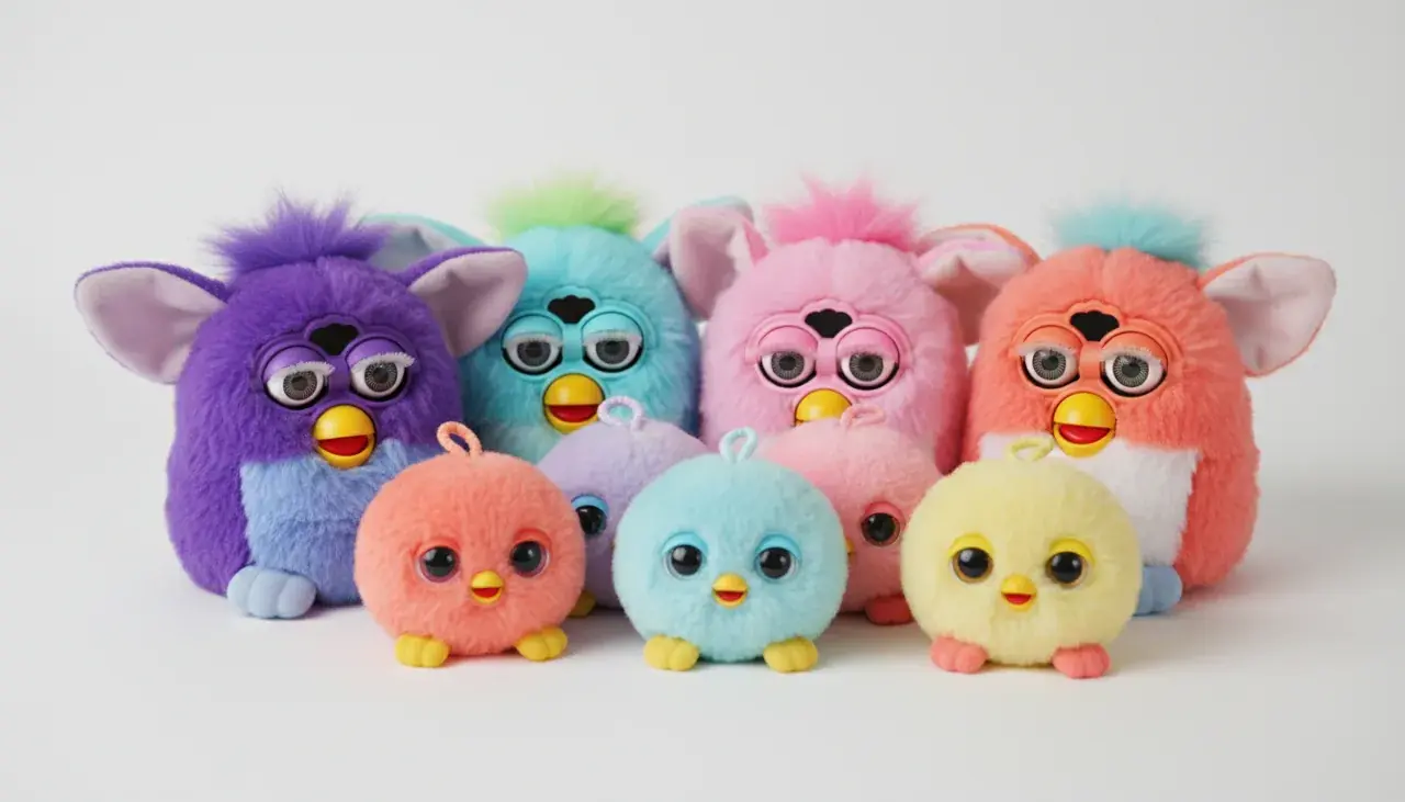 Collection of colorful Furby toys displayed together showing various styles and designs available for sale