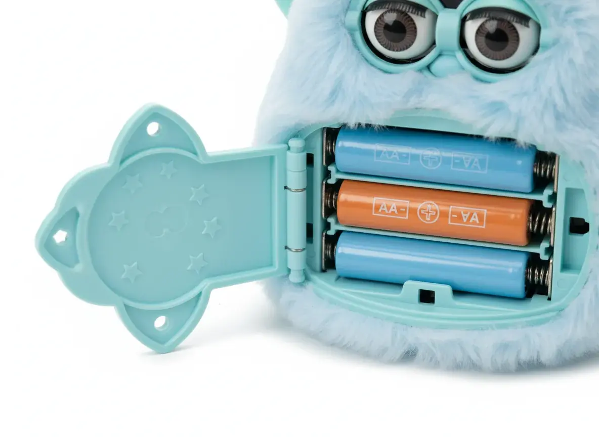 Close-up of Mini Furby battery compartment showing battery placement