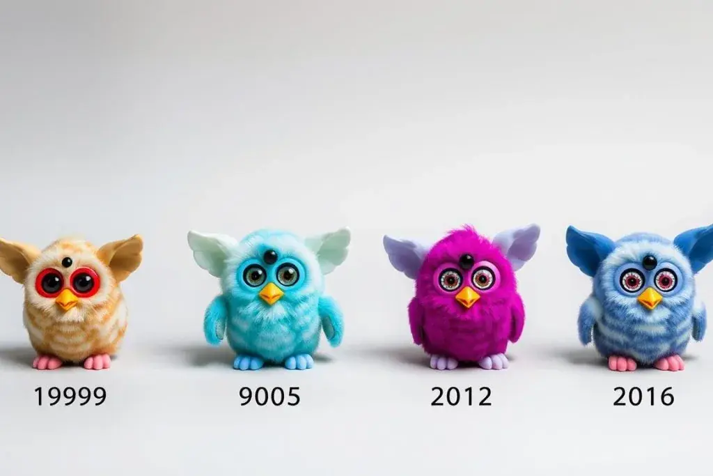 Evolution of Furby models from 1998 to 2016 showing design changes Evolution of Furby models from 1998 to 2016 showing design changes