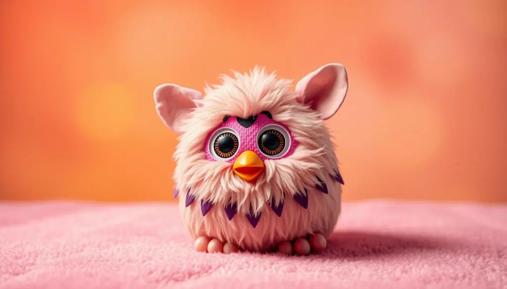 A whimsical, interactive Furby-inspired toy in a vibrant, playful scene. A plush, rounded figure with large expressive eyes and an endearing, animated expression sits on a soft, textured surface. The toy's fur-like material and dynamic movements invite touch and interaction. The background features a warm, colorful gradient, hinting at a sense of joy and celebration. Soft, diffused lighting creates a welcoming, inviting atmosphere. The composition is centered and balanced, drawing the viewer's attention to the engaging, captivating toy.