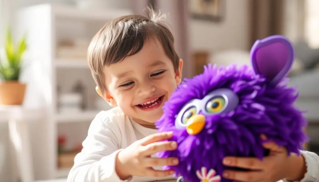 Happy child playing with a new 2023 Furby toy