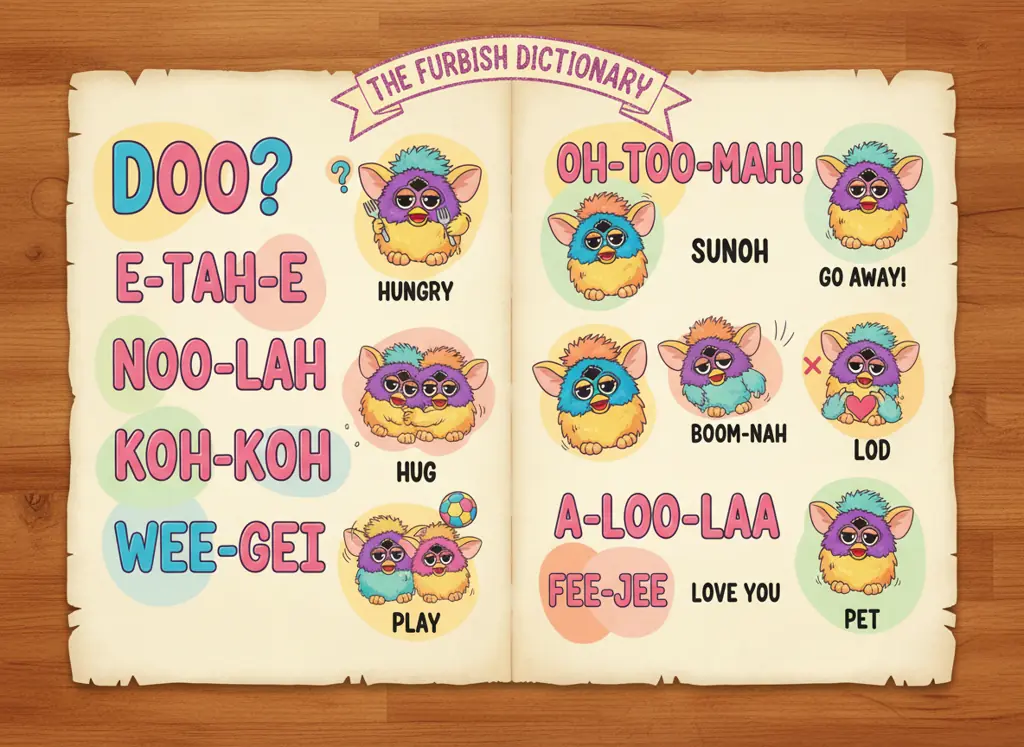 furby language dictionary showing furbish words and english translations