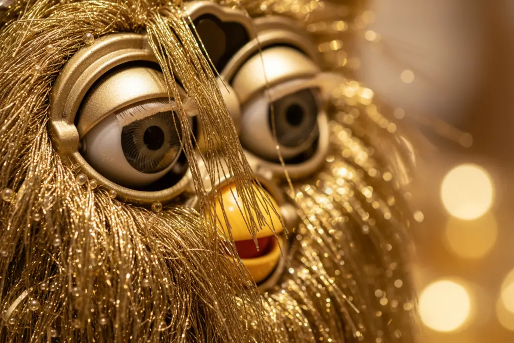 Close-up of metallic gold fur texture and coating