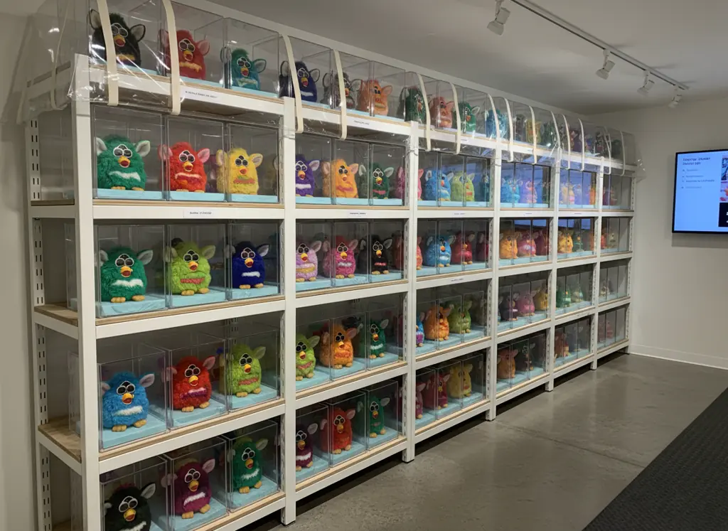 Millennium Furby storage example showing box, acid-free tissue, and climate control