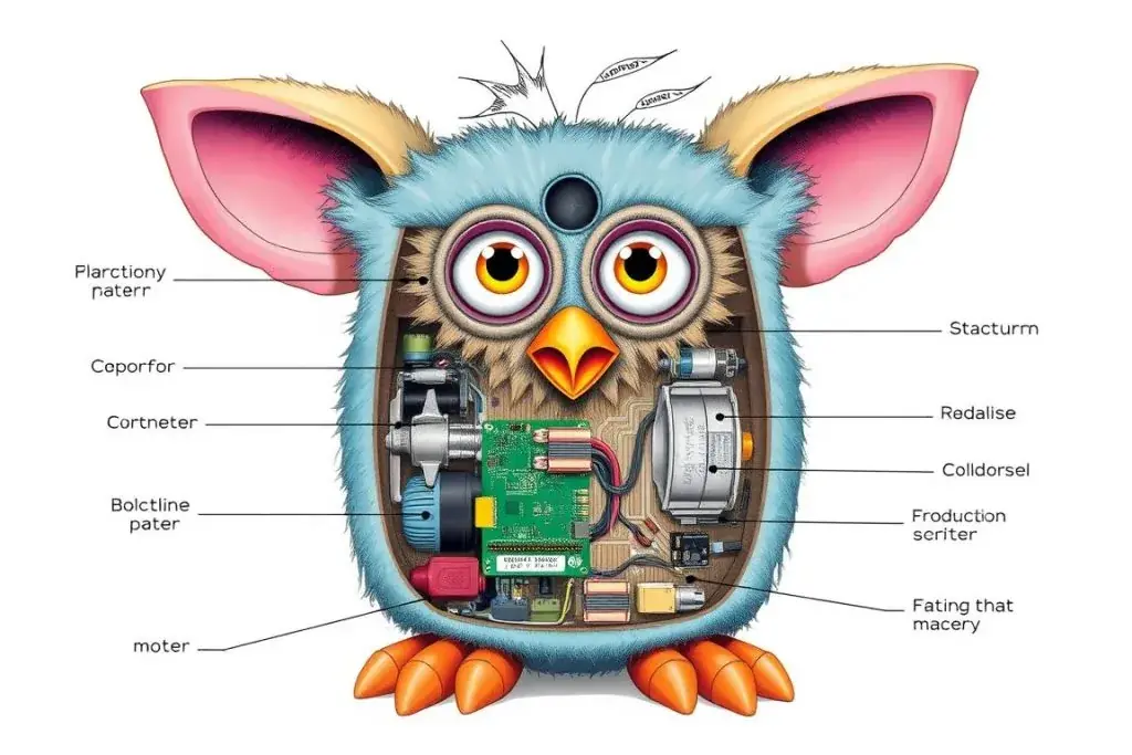Furby 1998 with internal components visible showing the technology inside