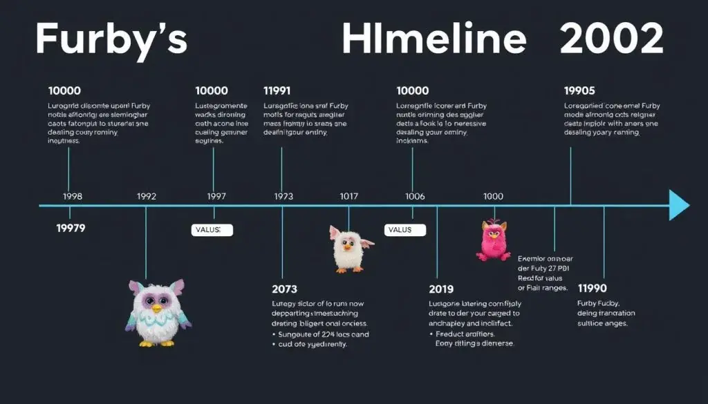Timeline showing different Furby generations from 1998-2002 with value indicators
